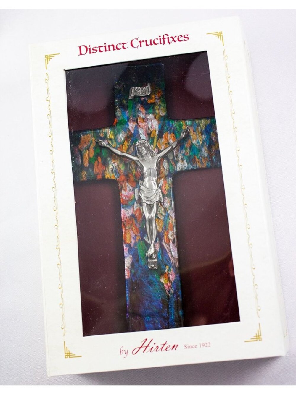 Hirten Company Distinct Crucifixes Multi-Colored Glass Cross Pewter Christ 10"